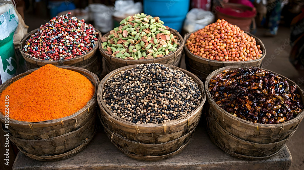 Spices in Baskets at a Market. Spices in Baskets at a Market.