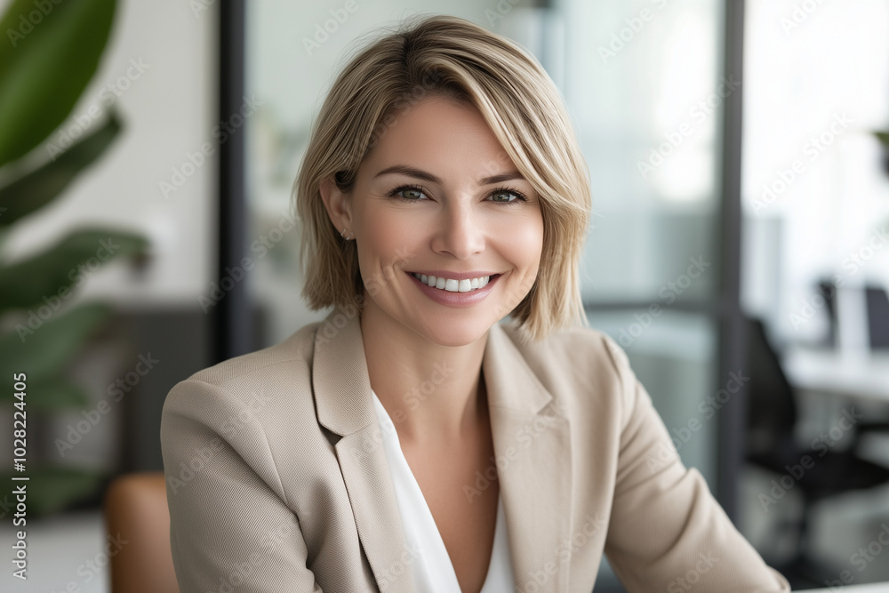 Smiling businesswoman in a beige suit in a modern office Smiling businesswoman in a beige suit in a modern office