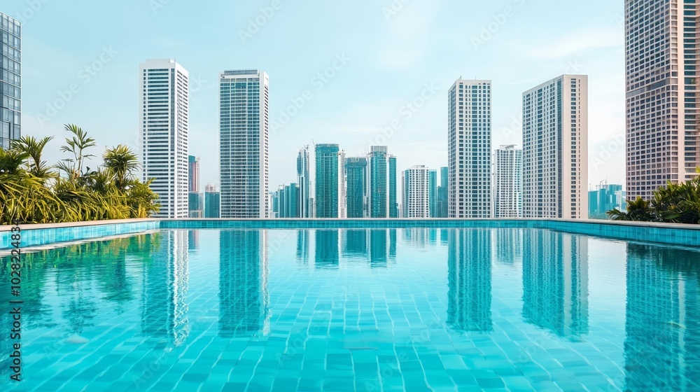 Fototapeta premium City skyline reflecting in a tranquil swimming pool, surrounded by modern residential towers and tropical garden, modern architecture, urban relaxation