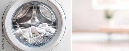 Close-up of clothes being washed inside a modern washing machine, water and bubbles in motion, washing clothes, cleaning cycle photo