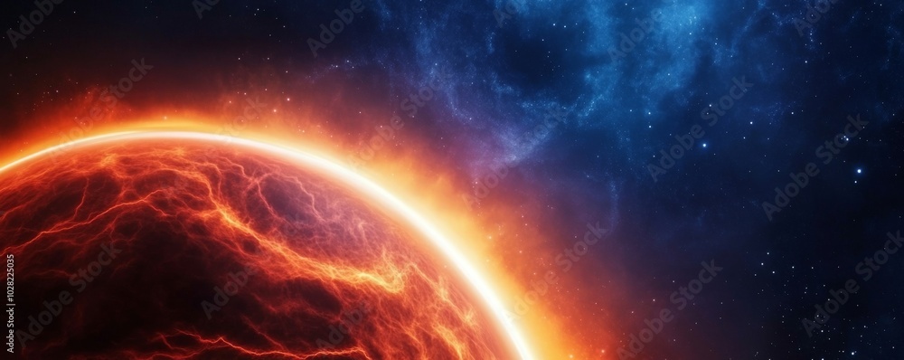 Obraz premium Dramatic view of a fiery planet against a deep blue cosmic background.