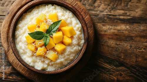 Rice pudding with mango and coconut water in a bowl khao niaow ma muang White background Copy space Top view : Generative AI photo