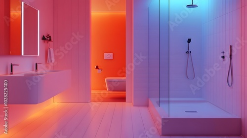 A Scandinavian-inspired bathroom with smart shower and motion sensor lights photo