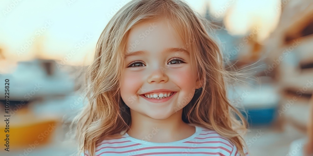 Fototapeta premium Happy Little Girl Smiling Summer Vacation Beach Background