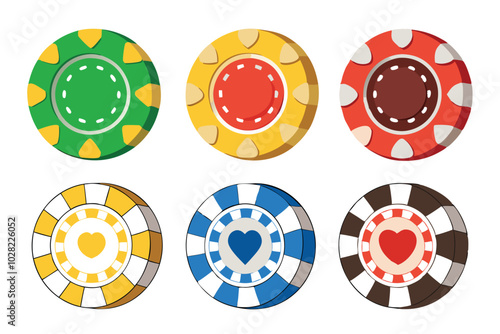 Colorful casino chips cut out, illustration on white background.