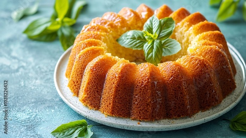 Cake Kouglof on a white plate Turquoise background Traditional dessert : Generative AI photo