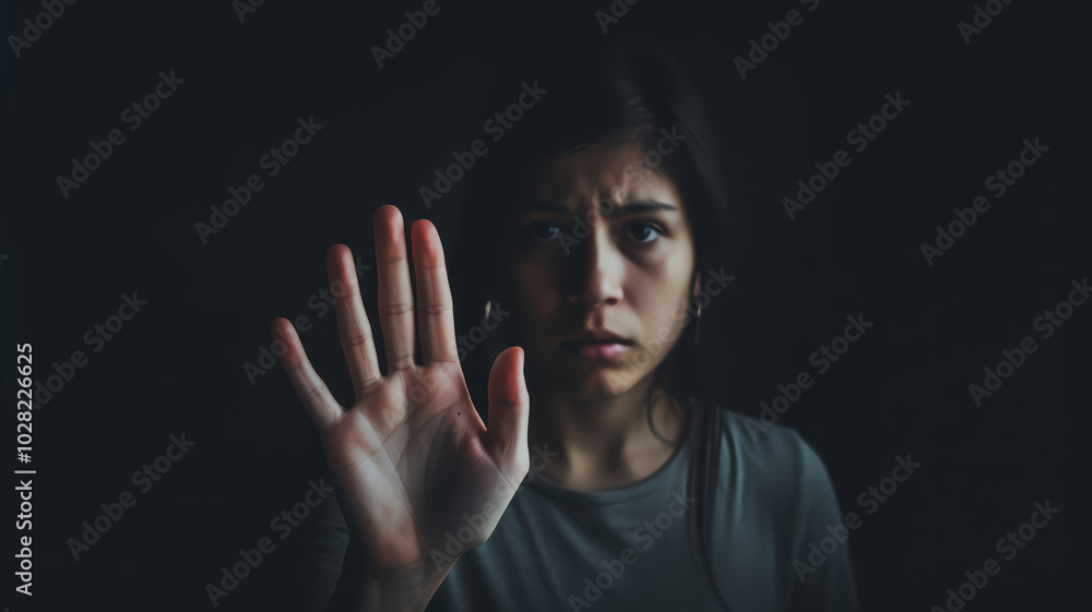 woman hand raise hand cover for stopping , fear, dark environment ,child girl hand raise hand cover for stopping , fearcore, dark environment .Child abuse. a Girl making stop gesture woman hand raise hand cover for stopping , fear, dark environment ,child girl hand raise hand cover for stopping , fearcore, dark environment .Child abuse. a Girl making stop gesture