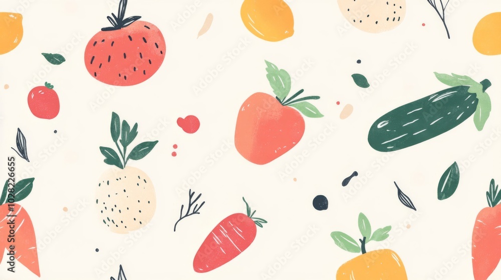 Vibrant Hand-Drawn Vegetable and Fruit Pattern Vibrant Hand-Drawn Vegetable and Fruit Pattern