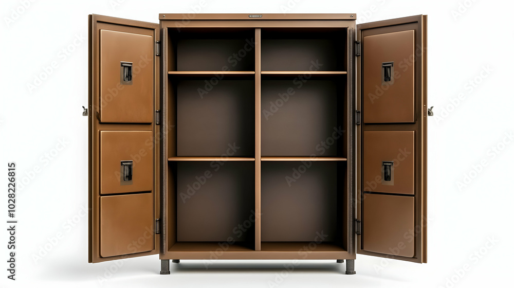 Open Brown Cabinet with Shelves. Open Brown Cabinet with Shelves.