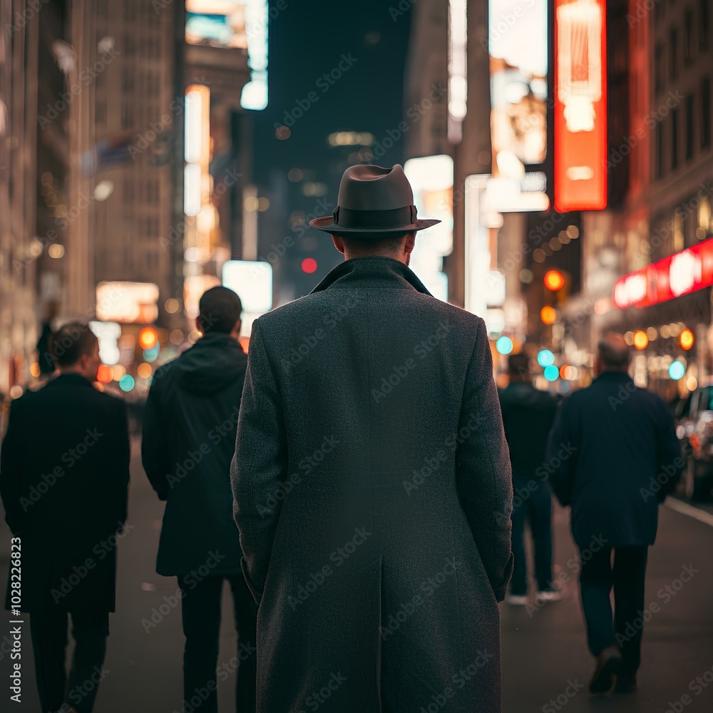 A man in a coat and hat walking in a bustling city street at night, surrounded by glowing signs. A man in a coat and hat walking in a bustling city street at night, surrounded by glowing signs.