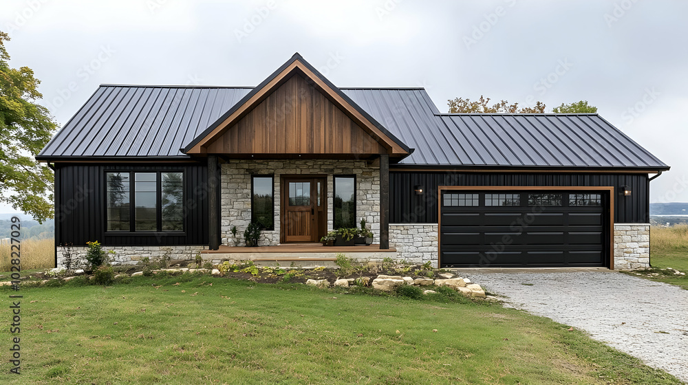 Modern Farmhouse with Black Metal Roof and Stone Facade. Modern Farmhouse with Black Metal Roof and Stone Facade.