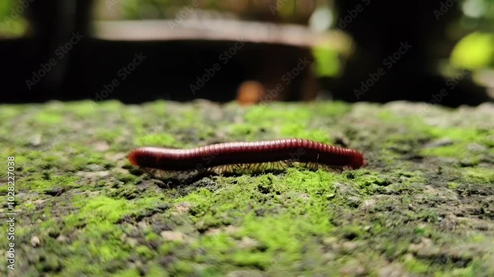 The Scarlet Millipede on a Slow Trek Over Mossy Terrain The Scarlet Millipede on a Slow Trek Over Mossy Terrain