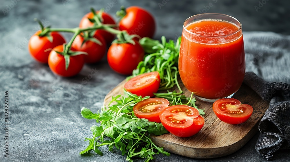 Tomato juice in glass with cress salad fresh tomatoes on wooden cutting board and grey towel : Generative AI Tomato juice in glass with cress salad fresh tomatoes on wooden cutting board and grey towel : Generative AI