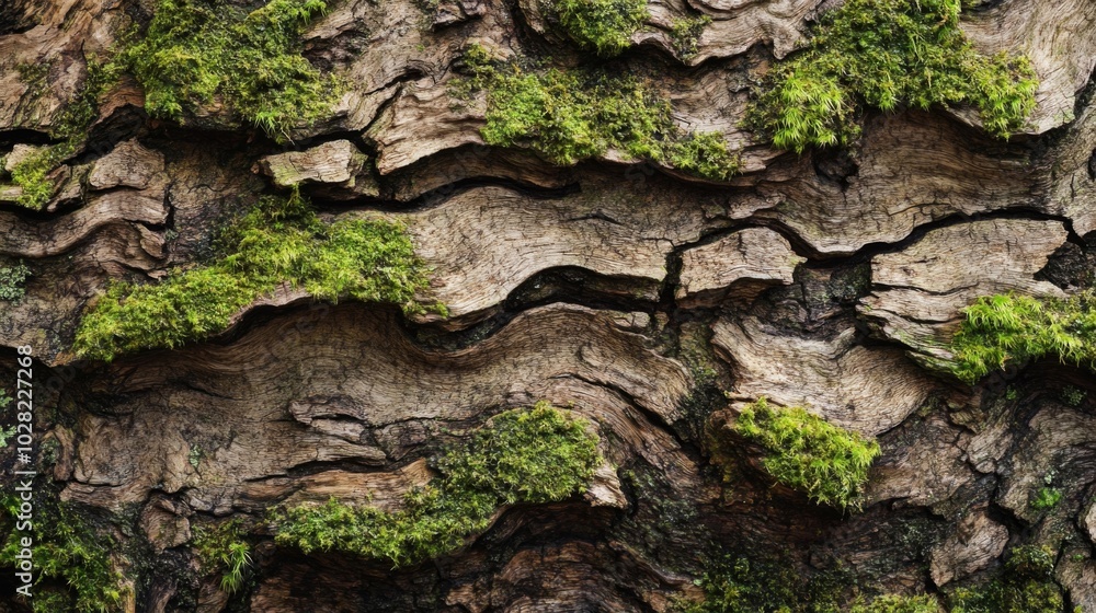 Close-up Texture of Tree Bark with Green Moss