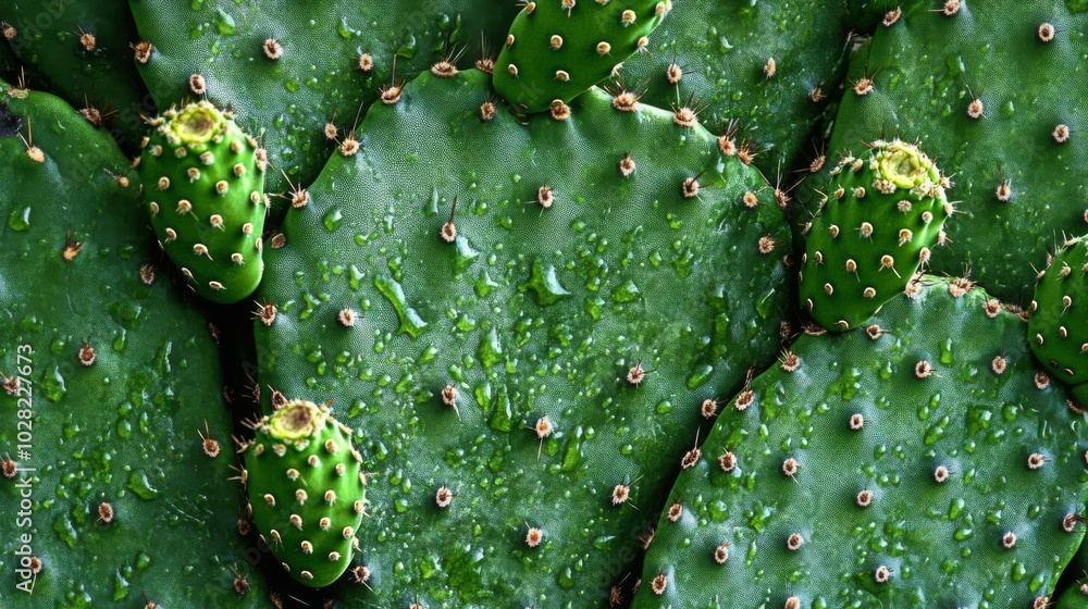 Close-up of Prickly Pear Cactus Pads with Water Droplets Close-up of Prickly Pear Cactus Pads with Water Droplets