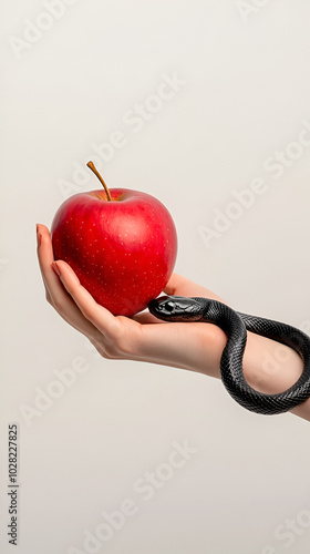 Red Apple and black snake. Temptation concept. Hand of Eve holding a red fruit and a snake coiled up her arm. Freewill. Fruit of good and evil. Disobedience concept. Isolated background.