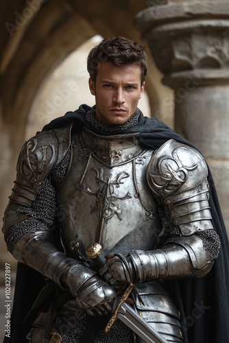 A man dressed as a knight, with armor and a sword, standing in a medieval castle courtyard