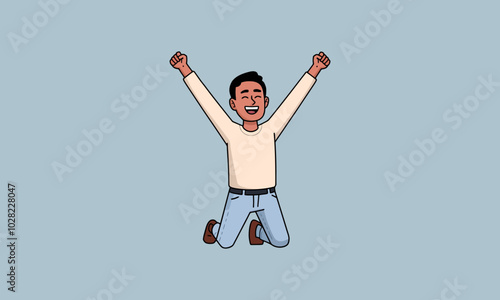 Joyful man kneeling with arms raised, celebrating happily.