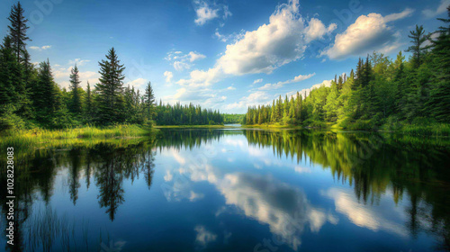 A serene lake nestled within a forest, reflecting the surrounding trees and sky.