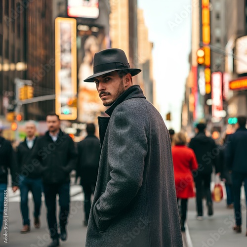 A man in a gray coat and black hat glancing back in a busy city street, surrounded by people.