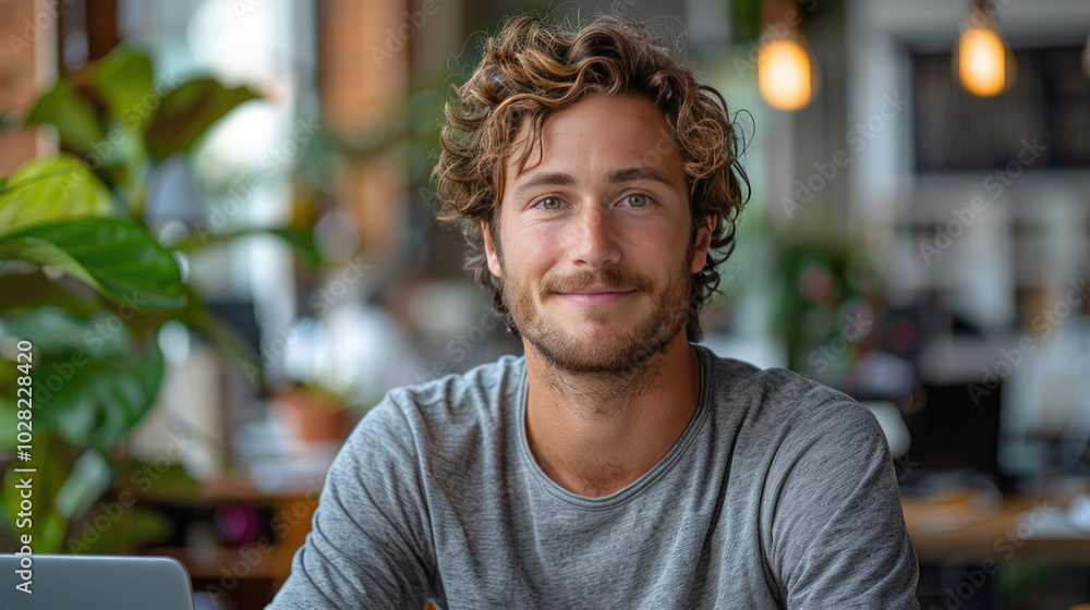 Smiling mature man with beard sits outdoors in casual shirt, looking serious Smiling mature man with beard sits outdoors in casual shirt, looking serious