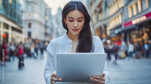 a woman using her laptop to conduct online surveys in a bustling city square  photo