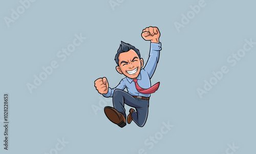 Excited businessman jumping with fists raised in victory.
