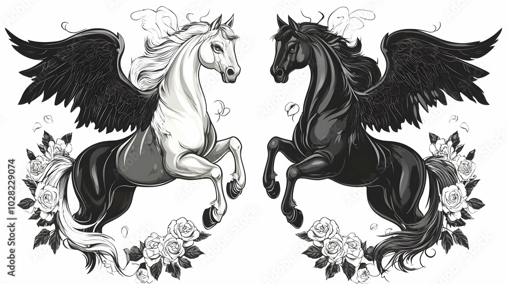 Black and White Winged Horses with Roses. Black and White Winged Horses with Roses.