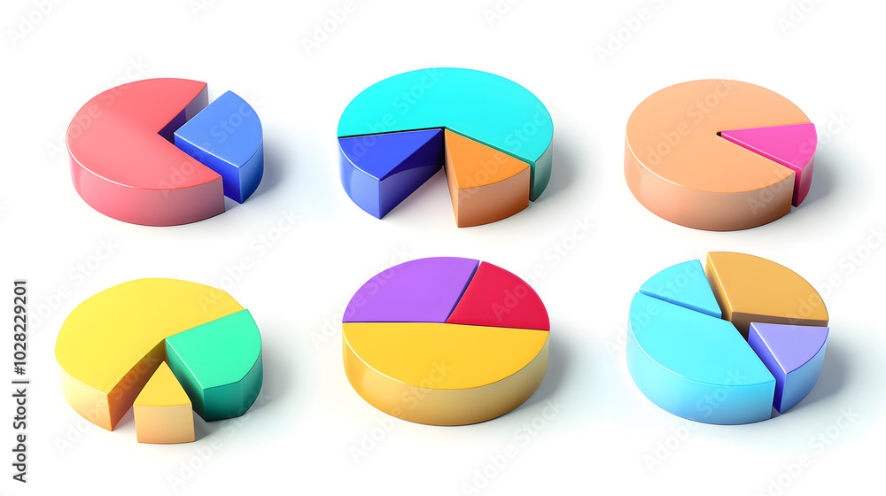 3D Pie Chart Icons in Different Colors and Variations on White Background. 3D Pie Chart Icons in Different Colors and Variations on White Background.