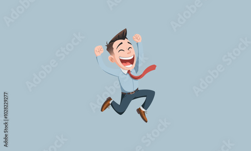 Excited businessman jumping with fists raised in victory.