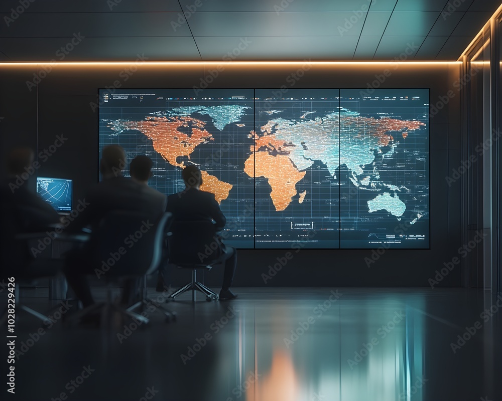 A corporate travel presentation on a sleek glass screen, showing international routes and opportunities, with a business team focused on the data A corporate travel presentation on a sleek glass screen, showing international routes and opportunities, with a business team focused on the data