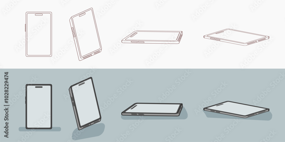 Flat and Isometric Smartphone Wireframe Illustration Set in Minimalist Design Flat and Isometric Smartphone Wireframe Illustration Set in Minimalist Design
