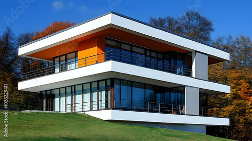 Modern House with Orange Accent and Balconies.