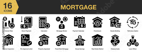 Mortgage solid icon set. Includes refinance, real estate, property, payment, and More. Solid icons vector collection.