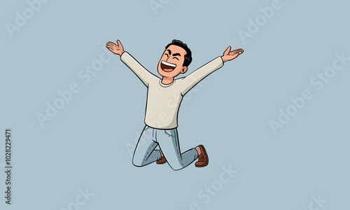Joyful man kneeling with arms raised, celebrating happily.