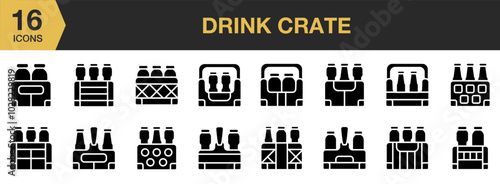 Drink Crate solid icon set. Includes Milk Crate, Drinks, Bottles Crate, Beverages, Milk Bottles, and More. Solid icons vector collection.