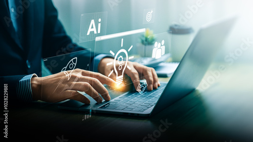 Innovation and Idea Concept Depicted Through Digital Icons Including AI, Lightbulb, and Rocket Symbolizing Creativity, Business Solutions, and Future Growth Strategies in Technological Environment