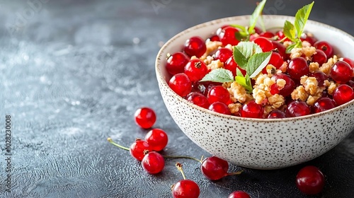 Healthy breakfast Cherry red berry crumble in bowl Grey background Close up : Generative AI photo