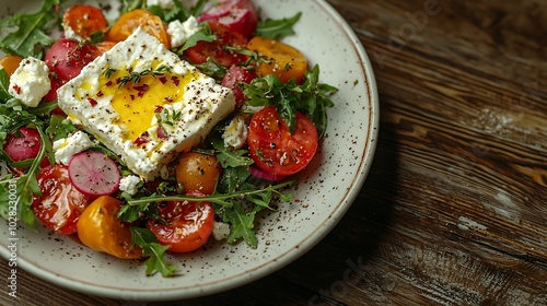 Grilled vegetables salad with feta cheese in white plate on wooden background Copy space : Generative AI