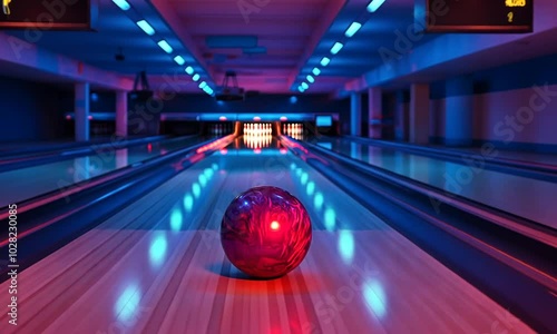 A bowling alley scene featuring a blue ball on a lane illuminated by colorful lights.