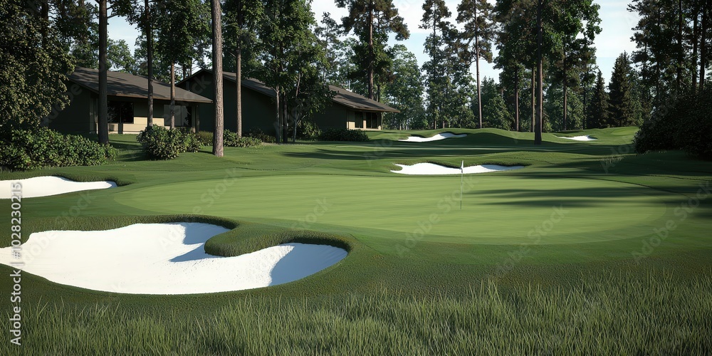 Fototapeta premium Green Golf Course with Sand Traps and Cabins in the Woods