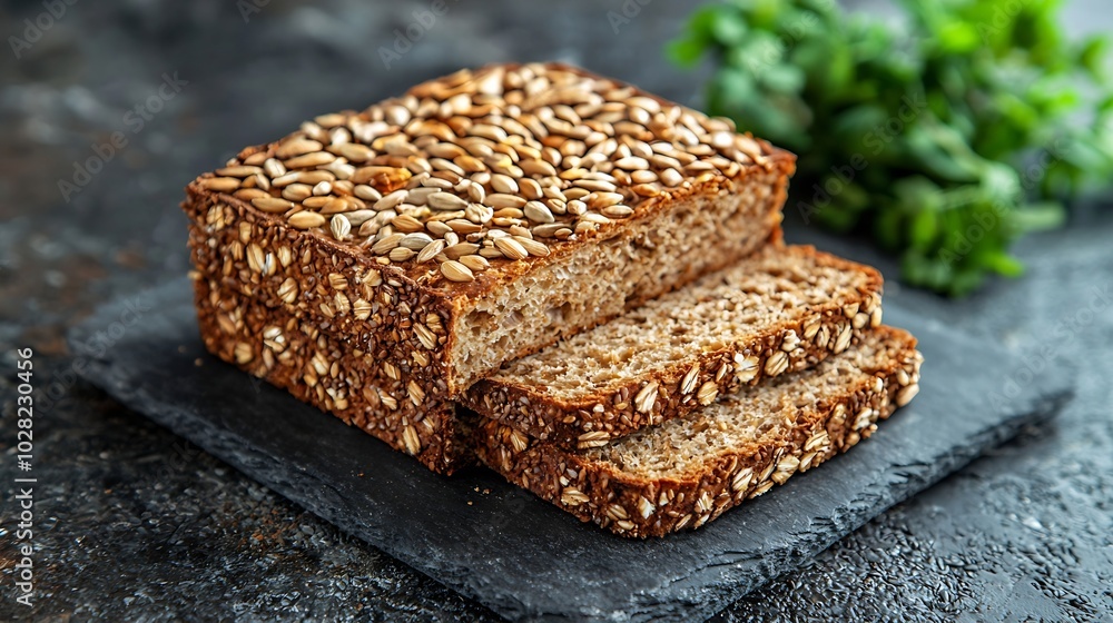 Wholegrain bread with seeds on a stone background : Generative AI Wholegrain bread with seeds on a stone background : Generative AI