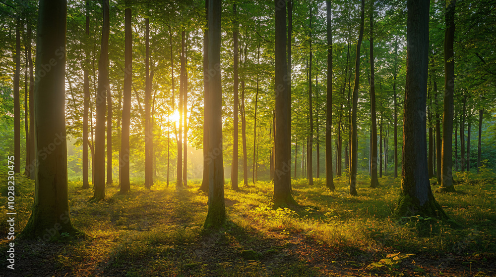 Fototapeta premium A serene forest at dusk, with soft light filtering through the trees.