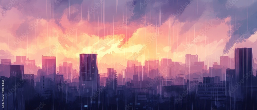 A vibrant cityscape at sunset, with tall buildings silhouetted against a colorful sky, illuminated by streaks of rain. A vibrant cityscape at sunset, with tall buildings silhouetted against a colorful sky, illuminated by streaks of rain.