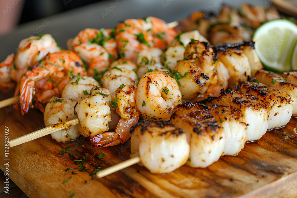 A selection of grilled seafood skewers, including shrimp, scallops, and calamari, served with garlic butter, seafood barbecue skewers, ocean feast A selection of grilled seafood skewers, including shrimp, scallops, and calamari, served with garlic butter, seafood barbecue skewers, ocean feast