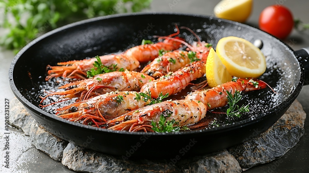 Prawns with lemon and fresh herbs in a black frying pan Stone background Close up : Generative AI Prawns with lemon and fresh herbs in a black frying pan Stone background Close up : Generative AI