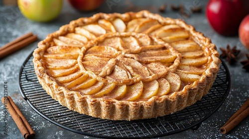 Apple galette pie tart with cinnamon on cooling rack on a grey stone background Top view : Generative AI photo