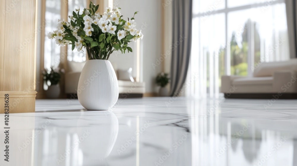 White Flowers in a Vase on a Marble Floor White Flowers in a Vase on a Marble Floor