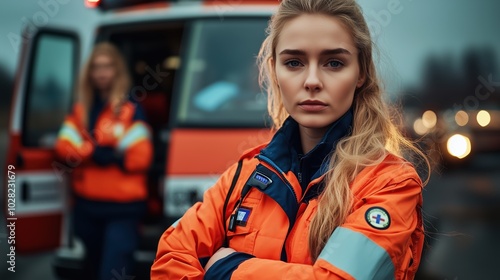 Emergency Medical Services Team in Action. Dynamic image of emergency medical services personnel ready for action. Showcases commitment to healthcare and teamwork in urgent situations.