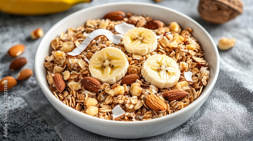 Healthy breakfast Fresh granola muesli with coconut banana and nuts in a white bowl on grey textile background Top view Copy space : Generative AI Healthy breakfast Fresh granola muesli with coconut banana and nuts in a white bowl on grey textile background Top view Copy space : Generative AI